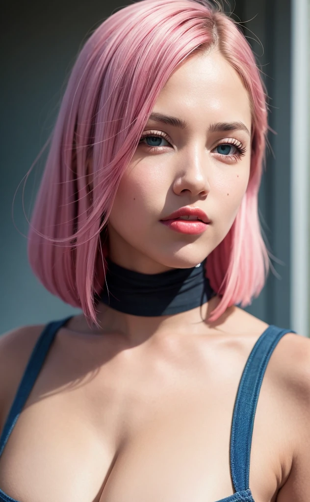 best quality, ultra high res, (photorealistic:1.4), (detailed beautiful girl:1.4), (medium breasts:0.8), looking_at_viewer, Detailed facial details, beautiful detailed eyes,pink hair, blue eyes, slender, haunting smile, (makeup:0.3), red lips, highly detailed clothes, (ulzzang-6500-v1.1:0.3)