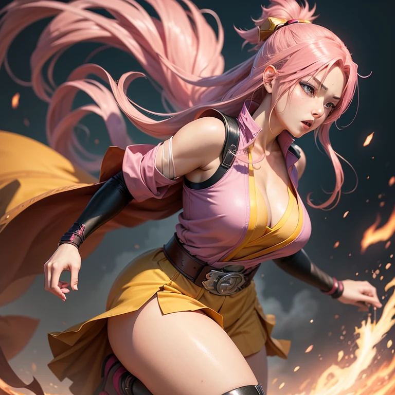 big woman holding a sword, showing crotch, (Hair Pink and green), (big eyes, lime green color), paints under eyes, (kanroji_mitsuri), wearing white haori, transparent black skirt,(sexy, female character demon killer mitsuri kanroji, mitsuri), woman, cute, girls, Portraits,realistic anime girl, pose showing panties, lifting skirt, exposing panties