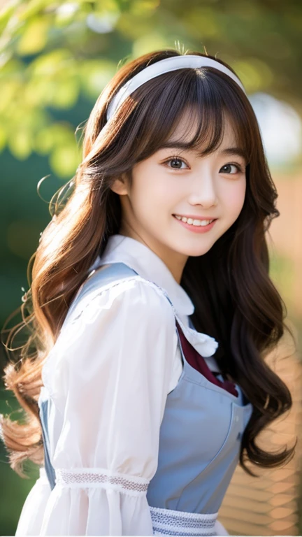 Masterpiece, beautiful details, perfect focus, uniform 8K wallpaper, high resolution, exquisite texture down to the smallest detail, one girl, long hair, looking to the side, blushing, smiling, bangs, stand, looks like a half body, skirt, brown hair,  shirt, hair accessory, long sleeves, very long hair, smiling, happy, open mouth, , blue sky.