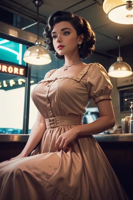 1girl dressed in a 1950s-inspired dress, complete with a full skirt and petticoat, her hair styled in classic pin curls. She should be seated at an old-fashioned diner, surrounded by vintage details like a jukebox, chrome accents, and neon signs. Her eyes should be sparkling with excitement, her skin flawless and glowing under the soft, dramatic lighting. This scene should be captured on 35mm film, with a beautiful depth of field and a slightly blurry, nostalgic background,, filmg,