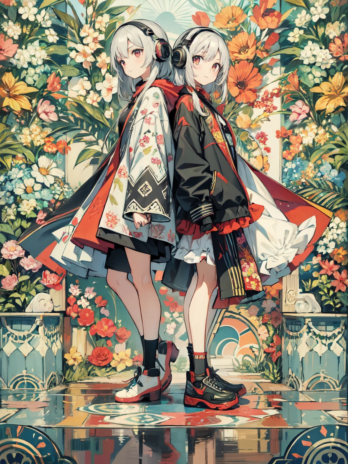 High-resolution digital painting with vibrant colors and intricate patterns. BREAK Front-facing perspective, showcasing a mirrored image of a character. BREAK Two identical characters with long, silver hair, one wearing a patterned cape and the other in a black jacket, both with headphones and a subtle smile. BREAK An abstract, colorful background with swirling, floral, and geometric designs, split by a staircase with a tiled pattern.