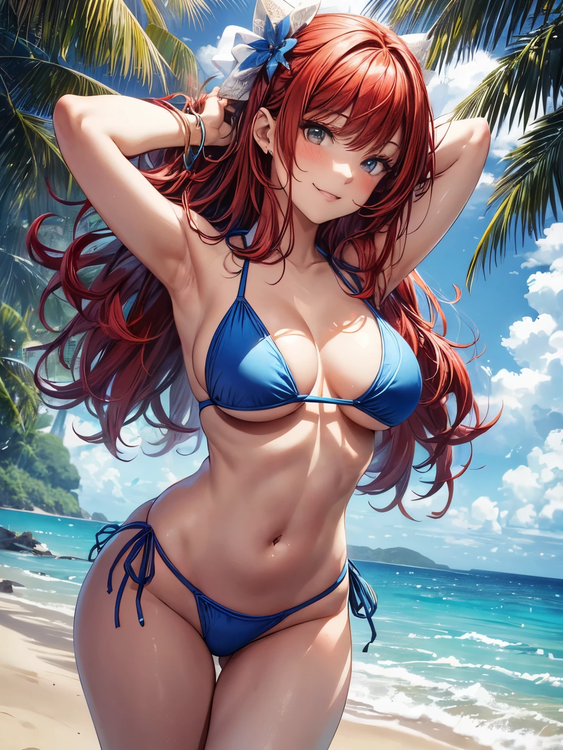 highest quality、complete limbs、full finger、(((red hair woman:1.3)))、medium hair woman、Beauty busty woman:1.3、(((woman wearing a blue bikini:1.3)))、big smile、bare hands、barefoot、Ocean、beach、sandy beach、sexy pose、standing by the water