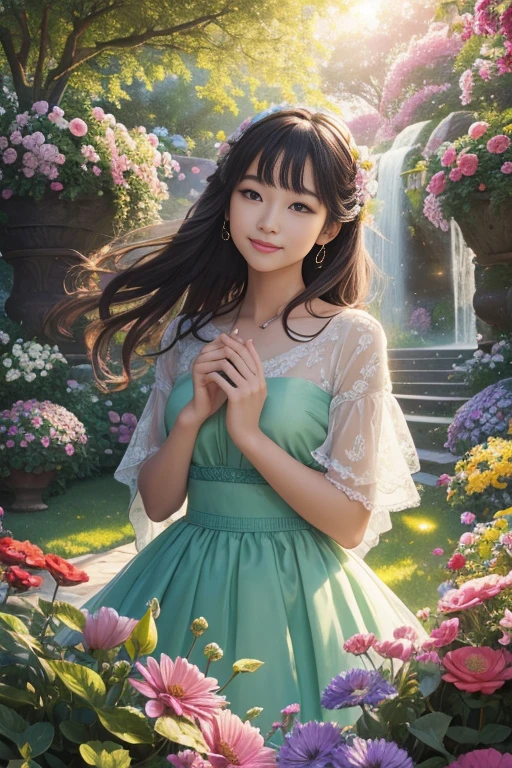 1girl in a vibrant garden, surrounded by a beautiful rainbow, created by mitsudoue's art. (best quality, highres, ultra-detailed), with a realistic and vivid portrayal of the girl's eyes, nose, and lips, capturing every intricate detail. The girl is wearing a flowing dress, gracefully posed with a sense of joy and wonder. The garden is filled with blooming flowers of various colors and shapes, adding to the enchanting atmosphere. Soft sunlight streams through the leaves, casting a gentle glow on the scene. The colors are rich and vibrant, with a harmonious blend of warm and cool tones, creating a delightful visual experience. This masterpiece artwork showcases mitsudoue's talent in capturing the essence of nature and evoking a sense of awe and tranquility.