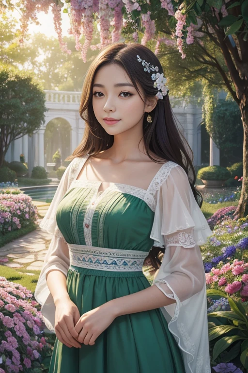 1girl in a vibrant garden, surrounded by a beautiful rainbow, created by mitsudoue's art. (best quality, highres, ultra-detailed), with a realistic and vivid portrayal of the girl's eyes, nose, and lips, capturing every intricate detail. The girl is wearing a flowing dress, gracefully posed with a sense of joy and wonder. The garden is filled with blooming flowers of various colors and shapes, adding to the enchanting atmosphere. Soft sunlight streams through the leaves, casting a gentle glow on the scene. The colors are rich and vibrant, with a harmonious blend of warm and cool tones, creating a delightful visual experience. This masterpiece artwork showcases mitsudoue's talent in capturing the essence of nature and evoking a sense of awe and tranquility.