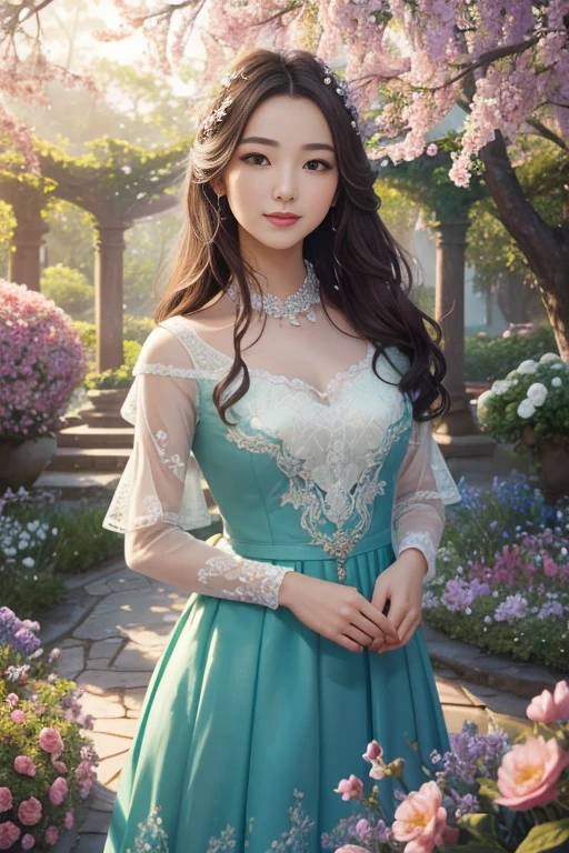 1girl in a vibrant garden, surrounded by a beautiful rainbow, created by mitsudoue's art. (best quality, highres, ultra-detailed), with a realistic and vivid portrayal of the girl's eyes, nose, and lips, capturing every intricate detail. The girl is wearing a flowing dress, gracefully posed with a sense of joy and wonder. The garden is filled with blooming flowers of various colors and shapes, adding to the enchanting atmosphere. Soft sunlight streams through the leaves, casting a gentle glow on the scene. The colors are rich and vibrant, with a harmonious blend of warm and cool tones, creating a delightful visual experience. This masterpiece artwork showcases mitsudoue's talent in capturing the essence of nature and evoking a sense of awe and tranquility.