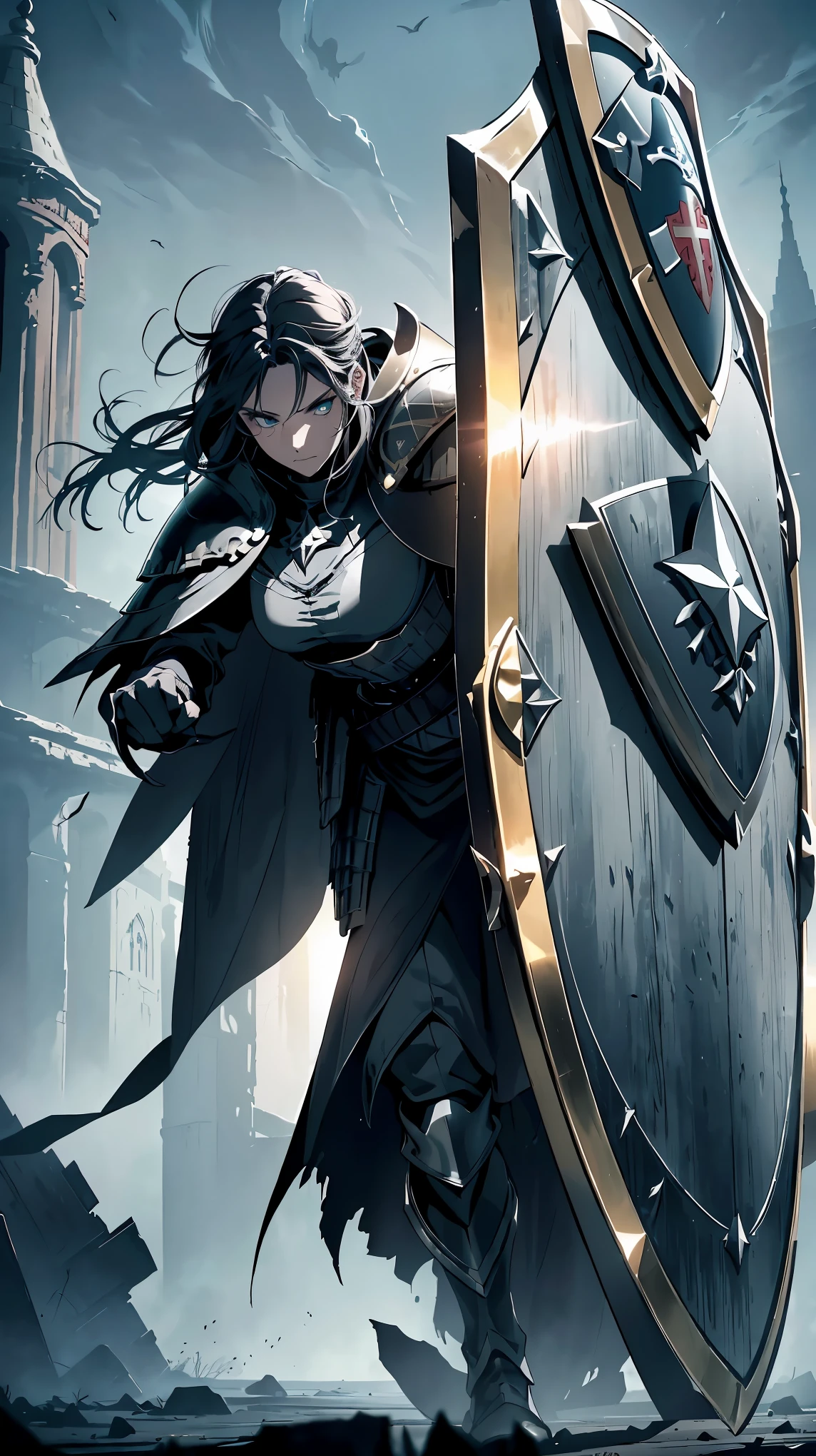 (highest quality、4K、8K、High resolution、masterpiece:1.2)、Super detailed、(realistic、フォトrealistic、フォトrealistic:1.37)、dark fantasy art、((large shield design:1.9))、An illustration、Metallic material、Detailed engraving、decorative patterns、Gold accents、Dark and moody atmosphere、mystical symbol、ancient ruins、mythical creatures、Spooky lighting、a menacing presence、ominous shadow、ominous fog、Bright colors、high contrast、sharp focus、concept art、warrior motif、Heroic figure、medieval setting、dramatic perspective、crumbling architecture、Magic Tips。
