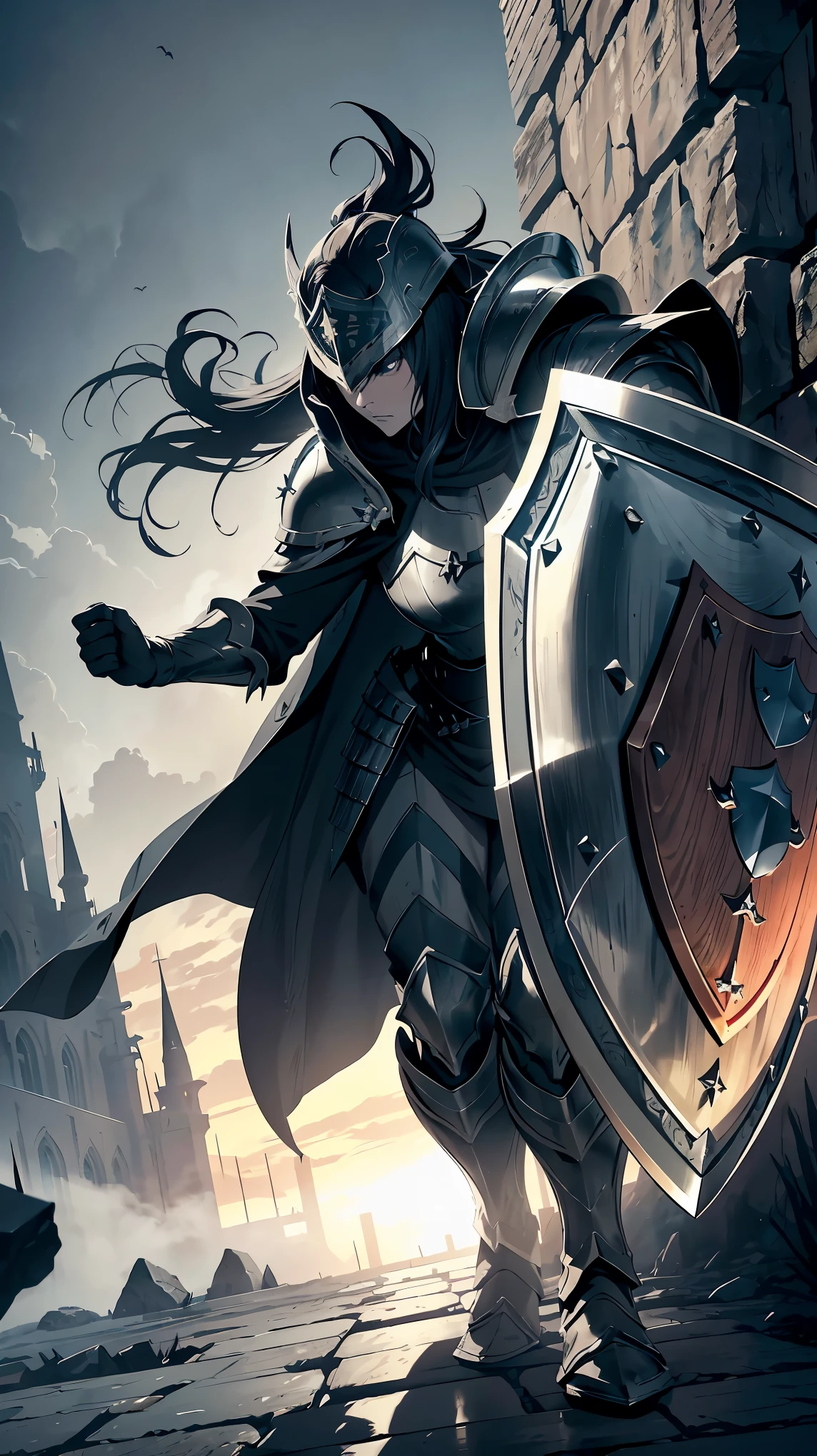 (highest quality、4K、8K、High resolution、masterpiece:1.2)、Super detailed、(realistic、フォトrealistic、フォトrealistic:1.37)、dark fantasy art、((large shield design:1.9))、An illustration、Metallic material、Detailed engraving、decorative patterns、Gold accents、Dark and moody atmosphere、mystical symbol、ancient ruins、mythical creatures、Spooky lighting、a menacing presence、ominous shadow、ominous fog、Bright colors、high contrast、sharp focus、concept art、warrior motif、Heroic figure、medieval setting、dramatic perspective、crumbling architecture、Magic Tips。
