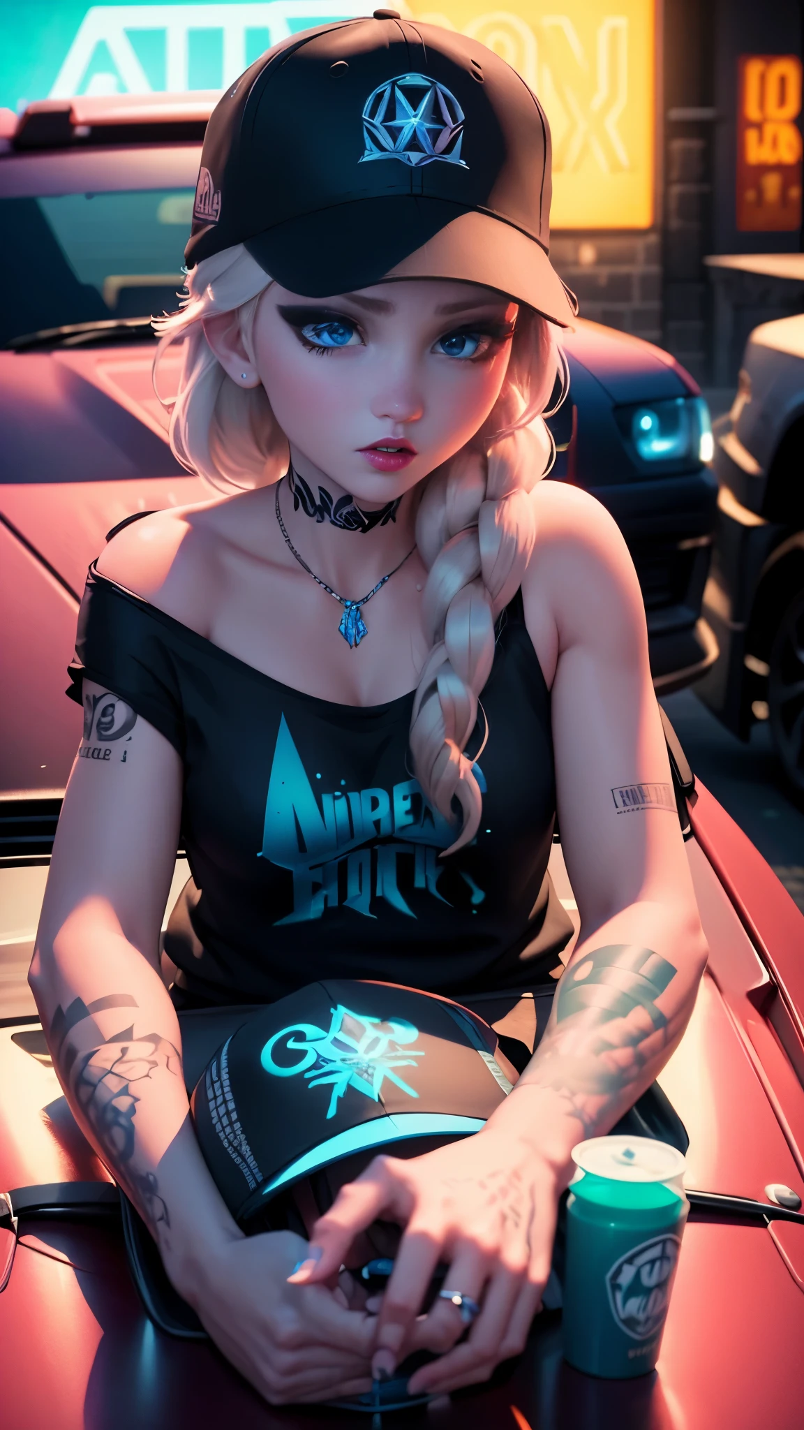 Elsa　setup　hip hop　new era hat　tattoo　sitting on the car　The night view is beautiful　Neon lights at night　club