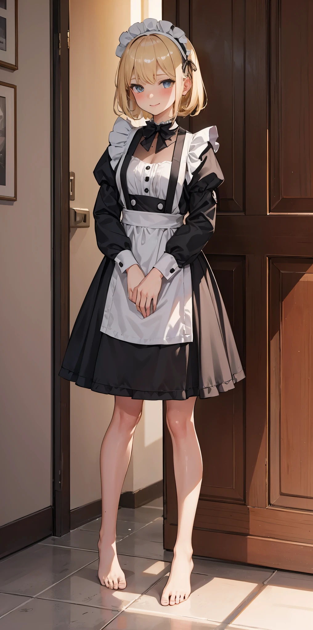 1girl, cute, ((Short black hair girl and long blonde hair girl)), maid victorian, maid apron, straight face, dazed, Body position: Standing, straight, symmetrical, barefoot, Lustful smile on face with red blush,
