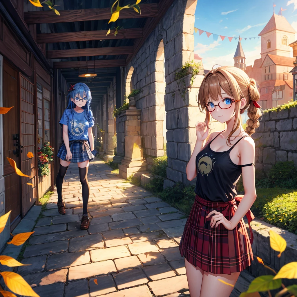 reddish-brown blonde、blue hair、blue eyes、Braid、one good looking girl、solo、anime、Plaid miniskirt、camisole、black t-shirt、Tilting your face、Doing the ribbon、Ribbon at waist、sunset sky、stone stairs、tunnel、Fallen leaves、wearing glasses、Burning、Light and shadow、maze、balloon、monster castle、lanthanum、corridor、Black socks、mossy stone、One leg is raised、ladder