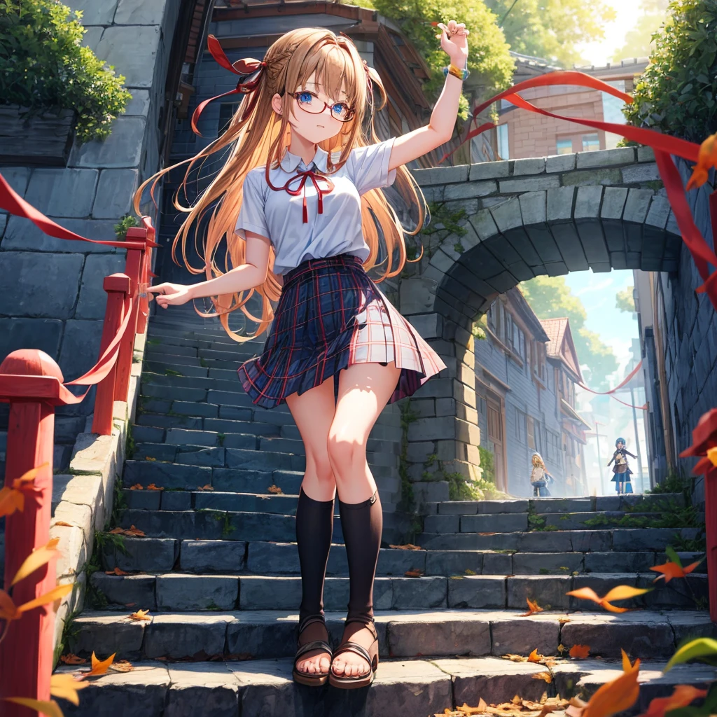 reddish-brown blonde、blue hair、blue eyes、Braid、one good looking girl、solo、anime、Plaid miniskirt、camisole、black t-shirt、Tilting your face、Doing the ribbon、Ribbon at waist、sunset sky、stone stairs、tunnel、Fallen leaves、wearing glasses、Burning、Light and shadow、maze、balloon、monster castle、lanthanum、corridor、Black socks、mossy stone、One leg is raised、ladder