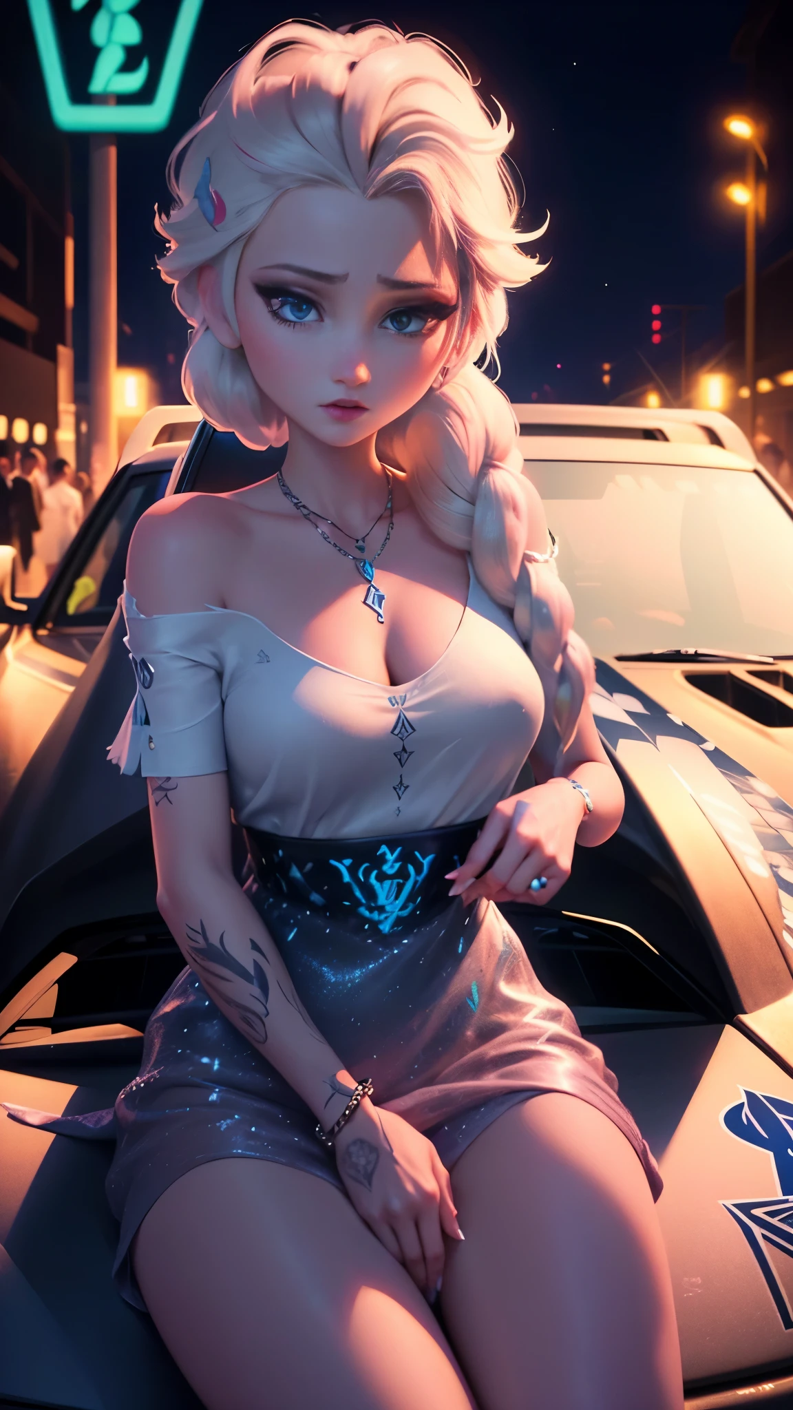 A beautiful young woman sitting on bonet of Lamborghini car outside , 1girl, hourglass figure, seductive pose, printed design white kurta and pajma, silky white hair braid, heavy silver jhumka earrings, necklace, anklet, cleavage, detailed face with stunning magenta eyes, full lips, flawless makeup, dark cinematic lighting, dramatic photorealistic effect, masterpiece-level 8K rendering, ultra-detailed, realistic, photo-realistic, HDR, UHD, studio lighting, ultra-fine painting, sharp focus, physically-based rendering, extreme detail description, professional, vivid colors, bokeh, smiling, full body view, bangles