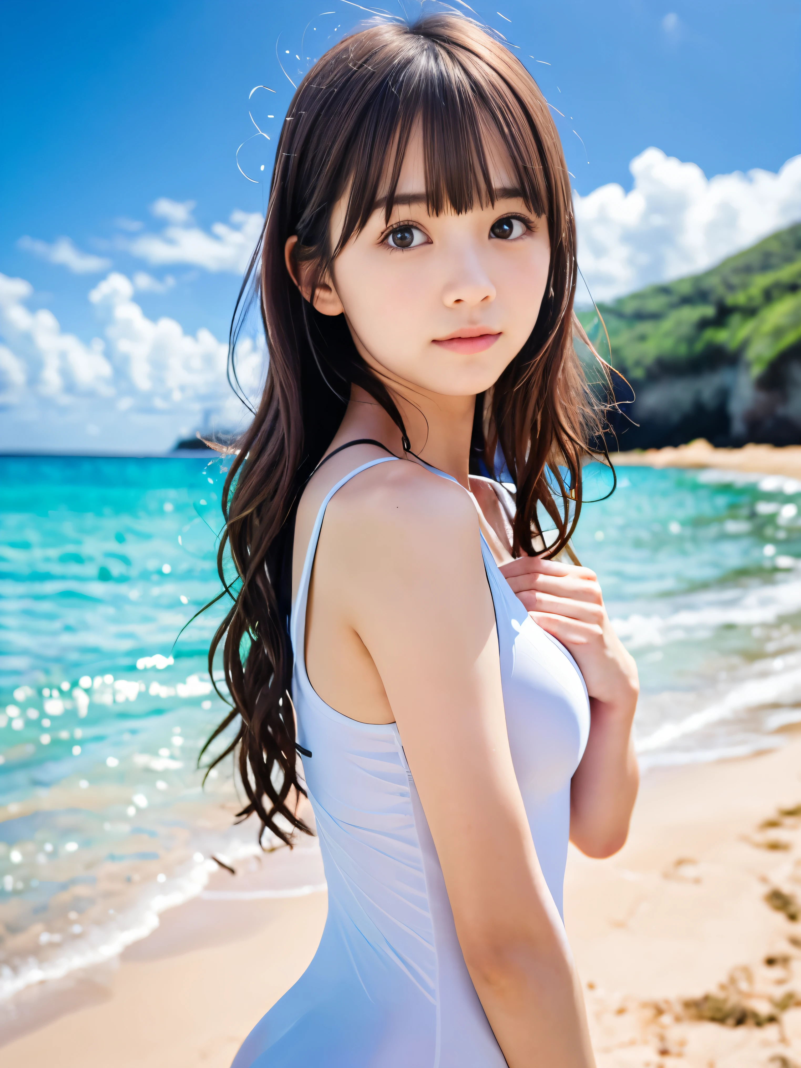 (Close up portrait of one slender small breasts cute girl with red brown wavy long hair with bangs in white one piece swimsuit:1.5)、(One girl has red brown wavy long hair and turn around:1.5)、(Marine blue beach with white sand and blue sky:1.5)、(blurred background,:1.5)、(tre anatomically correct:1.3)、(complete hands:1.3)、(complete fingers:1.3)、Photorealsitic、Raw photography、masutepiece、top-quality、Hi-Res、delicate and pretty、face perfect、Beautiful detailed eyes、Fair skin、Real Human Skin、((thin legs))