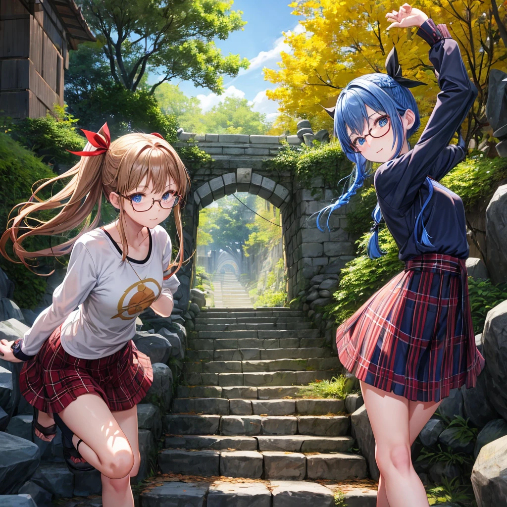 reddish-brown blonde、blue hair、blue eyes、Braid、one good looking girl、solo、anime、Plaid miniskirt、camisole、black t-shirt、Tilting your face、Doing the ribbon、Ribbon at waist、sunset sky、stone stairs、tunnel、Fallen leaves、wearing glasses、Burning、Light and shadow、maze、balloon、monster castle、lanthanum、corridor、Black socks、mossy stone、One leg is raised、ladder、Gozen