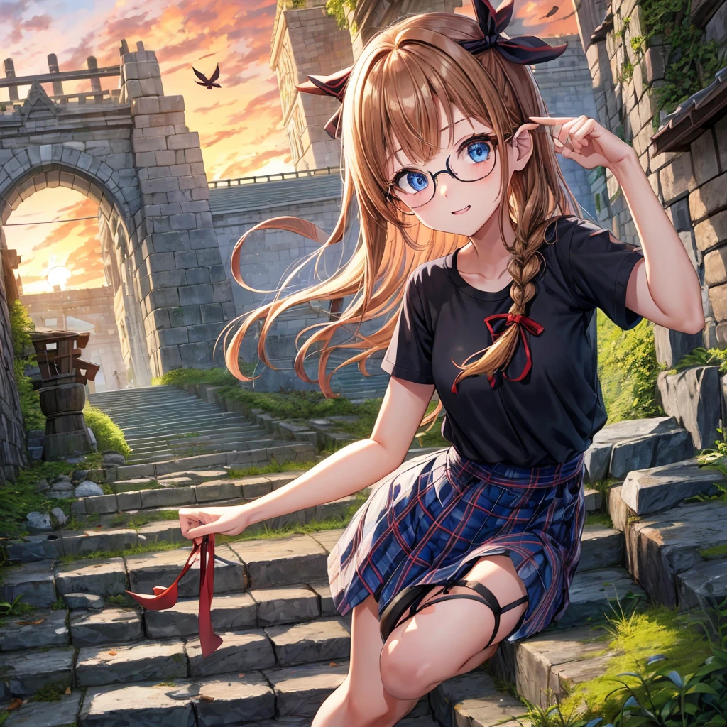 reddish-brown blonde、blue hair、blue eyes、Braid、one good looking girl、solo、anime、Plaid miniskirt、camisole、black t-shirt、Tilting your face、Doing the ribbon、Ribbon at waist、sunset sky、stone stairs、tunnel、Fallen leaves、wearing glasses、Burning、Light and shadow、maze、balloon、monster castle、lanthanum、corridor、Black socks、mossy stone、One leg is raised、ladder、Gozen