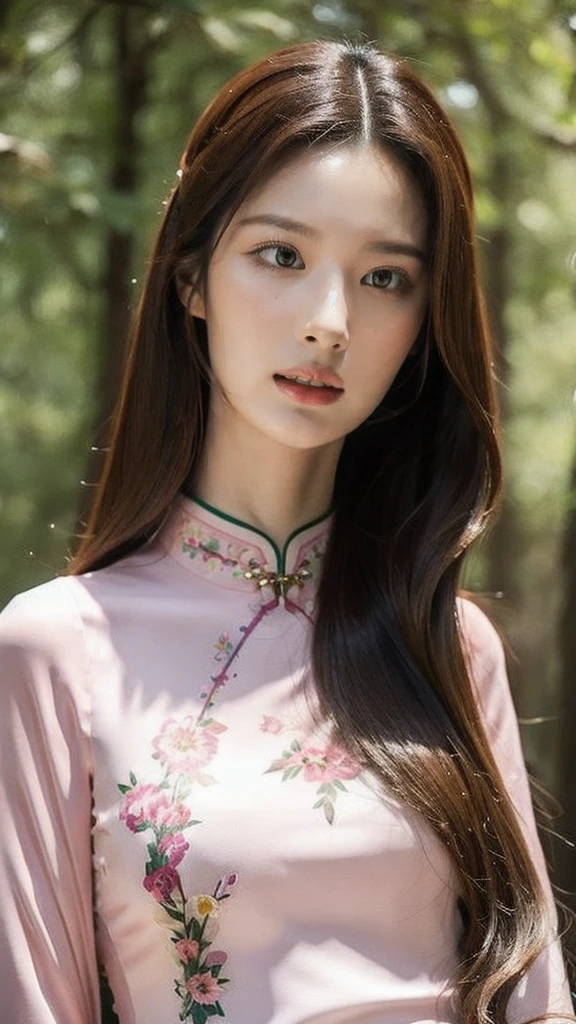 Fashion model 20 years old [[[[closeup cleavage]]]], [[[[boobgasm]]]], [[[[coll]]]], [[[[bshoulders]]]], perfect eyes, Perfect iris，(((Perfect lips)))，perfect teeth，Perfect skin，Long face，slender nose，tall nose bridge，Soft front light，hdr，Movie girl，Pink cheongsam，Red cheongsam，White cheongsam，long whitr hair，Long hair with a shawl，[[Long hair like a waterfall]]，Green trees and flowers in the background,（pastel colour：1.2）[full body:1.37]