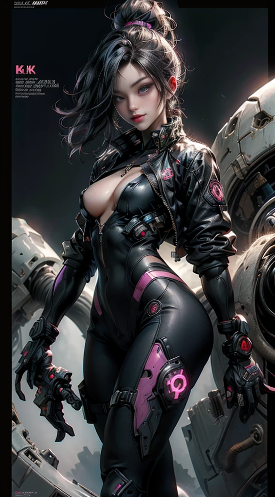 8K, highest quality, masterpiece, ultra high resolution, Cyberpunk magazine cover:1.4, 1 Cyberpunk girl wearing a Harajuku-style tech jacket with a company logo on it, sexy bodysuit, insane details, full body shot, beautiful eyes and face details, masterpiece magazine cover, highest quality Cyberpunk magazine cover, master work, excellent details, High quality painted details, I breathe, Absolute beauty, thin neck, long eyelashes, Sweet eyes, Dynamic angle issues Extreme image quality, glossy lips, Supple, fair and transparent skin, Rich details, bright colors, strong contrast, Soft light effect, clear outline, streamlined, cute smile, sparkling eyes, perfect body proportions, thin waist, big breasts, cleavage.