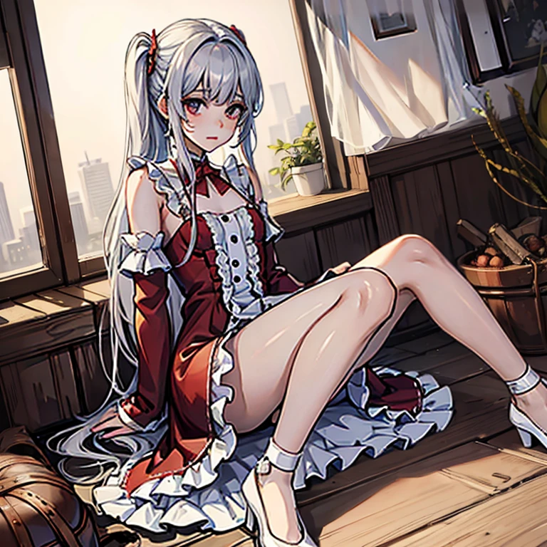 Ultra high precision、high resolution、(Naked girl sitting with her legs thrown out on the floor, looking at the floor:1.4)、Pretty face、silver hair、pubic hair is growing、 ((While crying))、smaller breasts、empty eyes ((white mucus dripping from genitals))..、In the ruins、(Burgundy long-sleeved dress with ruffles and lace decoration:1.4)、(red flat pumps:1.3)、