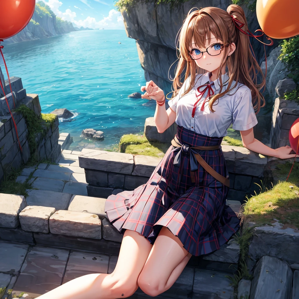 reddish-brown blonde、blue hair、blue eyes、Braid、one good looking girl、solo、anime、Plaid miniskirt、camisole、black t-shirt、Tilting your face、Doing the ribbon、Ribbon at waist、sunset sky、stone stairs、tunnel、Fallen leaves、wearing glasses、Burning、Light and shadow、maze、balloon、monster castle、lanthanum、corridor、Black socks、mossy stone、One leg is raised、ladder、Gozen