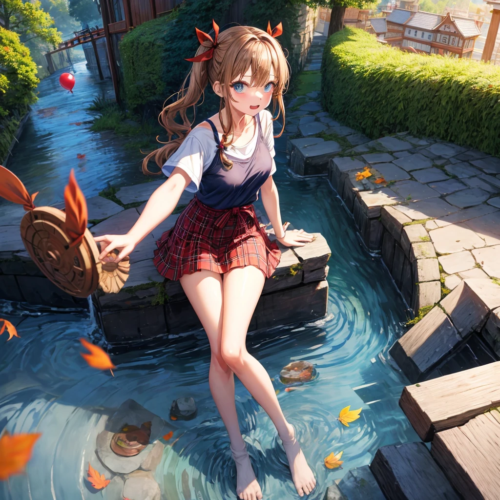 reddish-brown blonde、blue hair、blue eyes、Braid、one good looking girl、solo、anime、Plaid miniskirt、camisole、black t-shirt、Tilting your face、Doing the ribbon、Ribbon at waist、sunset sky、stone stairs、tunnel、Fallen leaves、wearing glasses、Burning、Light and shadow、maze、balloon、monster castle、lanthanum、corridor、Black socks、mossy stone、One leg is raised、ladder、Gozen