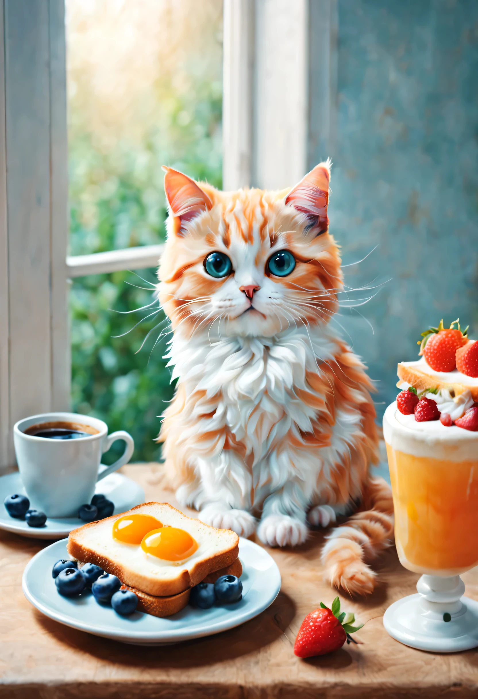 (masterpiece, top quality, best quality, official art, Beautiful and beautiful,Lovely illustration,:1.5), morango, blue berry, toast, coffee, for breakfast, Lovely, pastel colors, fluffy , Cat, happy, watercolor, soft, Warm