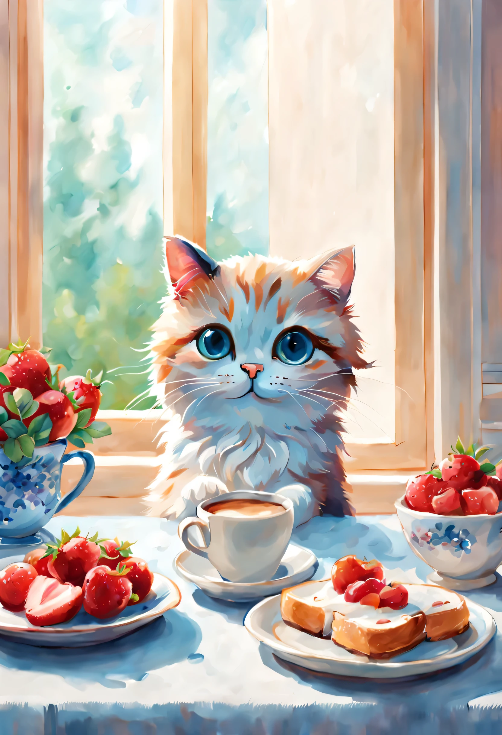 (masterpiece, top quality, best quality, official art, Beautiful and beautiful,Lovely illustration,:1.5), morango, blue berry, toast, coffee, for breakfast, Lovely, pastel colors, fluffy , Cat, happy, watercolor, soft, Warm