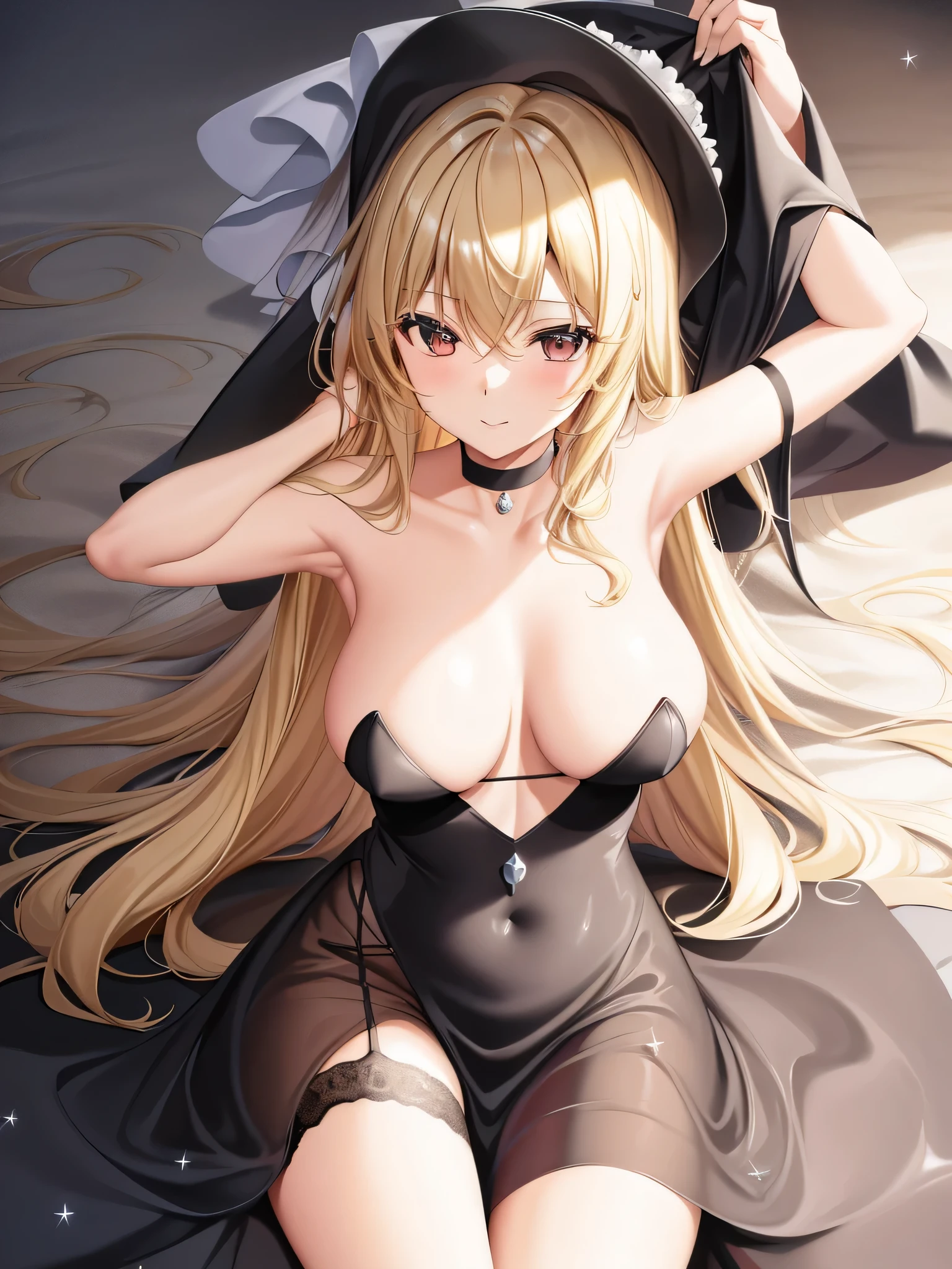 ((Marisa Drizzle))(best image quality, masterpiece:1.2),8K, absolute resolution, high quality, one woman,(blonde:1. 1), brown eyes, big breasts,naked,topless,bottomless,shy,Lying on the bed,Put your hand on your crotch,garter belt,
