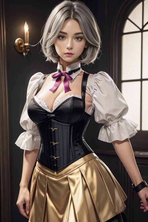 Girls, gray-haired, short-haired, yellow-eyed, small breasts, cat hair ornament, sidelocks, gray-haired, shiny hair, uniform, (golden eyes: 1.2), (two long triangular extensions on the skirt, vest corset on the stomach), white buttons of the vest corset, (stripped shirt with short sleeves under the vest corset), (sleeves ends closer to the arms), (thick ribbon of black color on the neck), ( short magenta skirt),