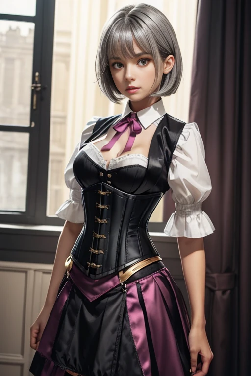 Girls, gray-haired, short-haired, yellow-eyed, small breasts, cat hair ornament, sidelocks, gray-haired, shiny hair, uniform, (golden eyes: 1.2), (two long triangular extensions on the skirt, vest corset on the stomach), white buttons of the vest corset, (stripped shirt with short sleeves under the vest corset), (sleeves ends closer to the arms), (thick ribbon of black color on the neck), ( short magenta skirt),