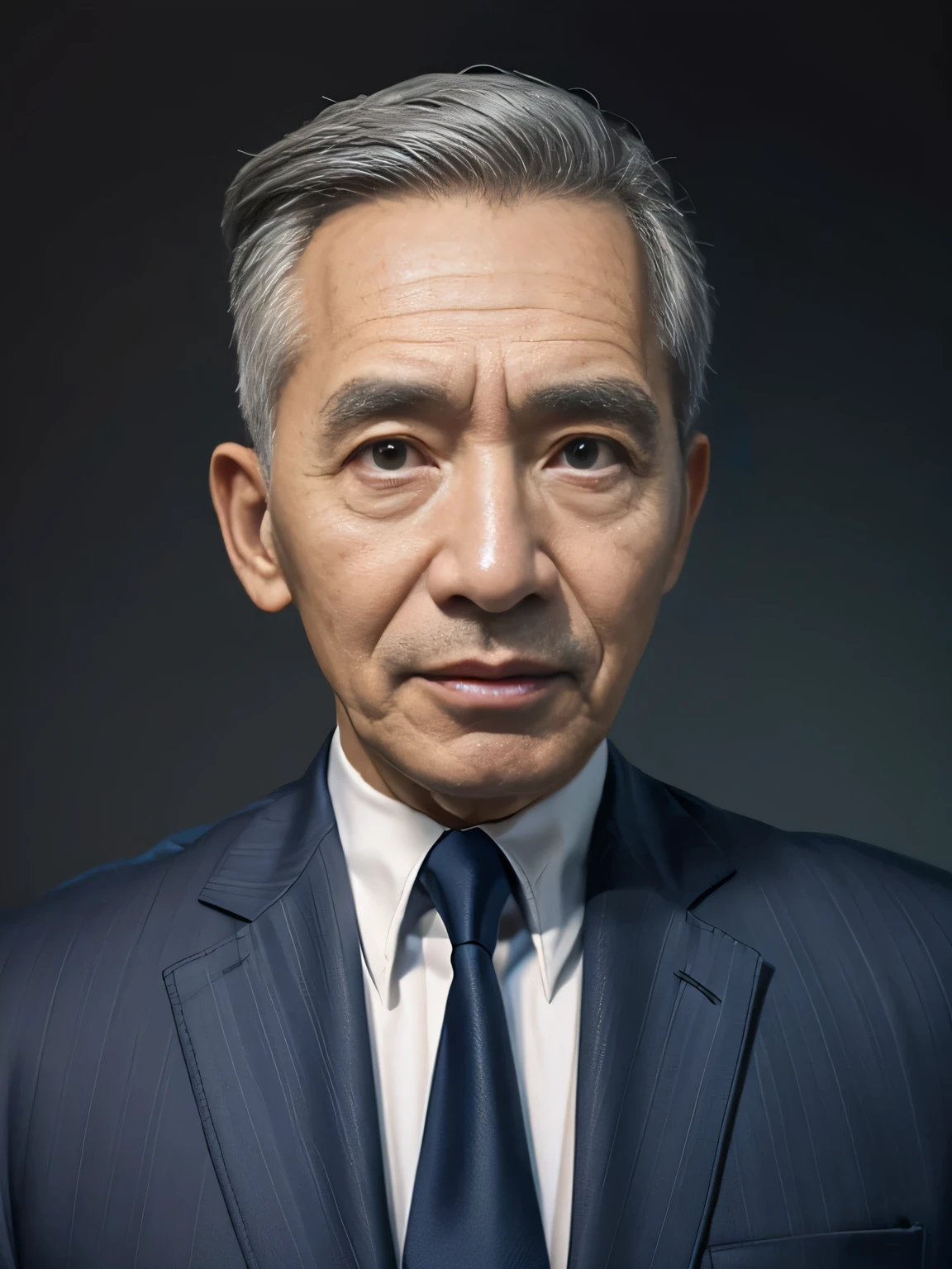 Highly realistic photo, ((masterpiece), (best quality), (raw photo), (photorealistic:1.4), Portrait of Vietnamese old man, 70 years old, ((gray hair)), ((wearing a suit)) , ((dark blue background)) , photo taken by Sony A7IV