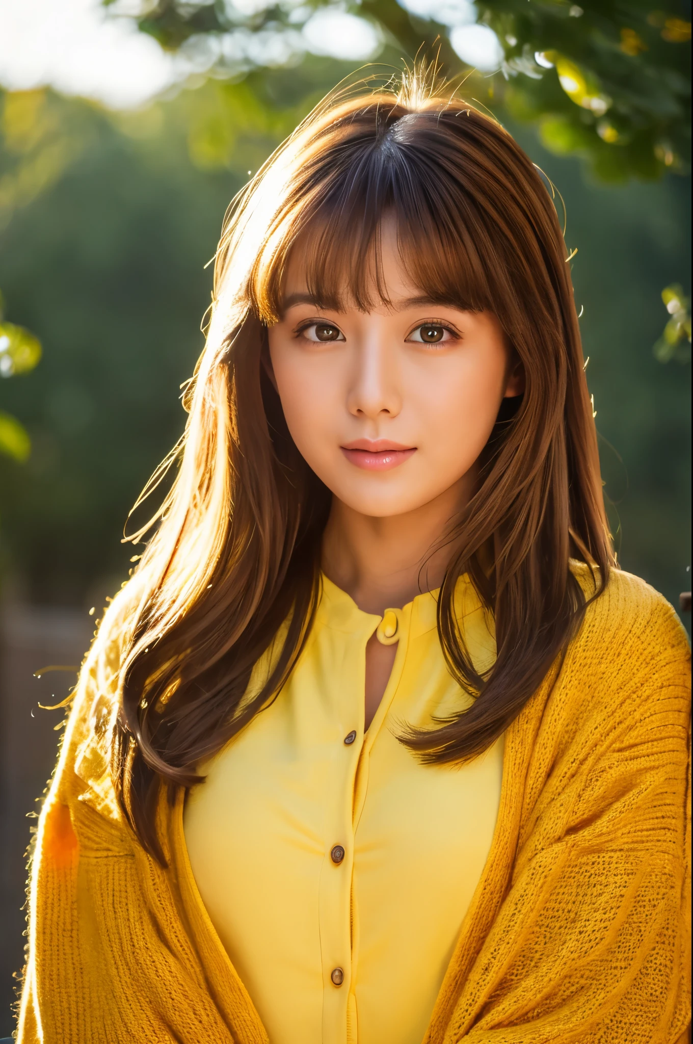 8K, top-quality, masterpiece, realisitic, Photorealsitic, ultra-detailliert, Natural sunlight, extremely detailed face and skin, A detailed eye, Highly detailed face-to-skin intermediate shots, Beautiful woman looking at camera, sexy pose, Beautiful face, Realistic face, Detailed face, Beautiful hairstyle, Realistic eyes, Detailed eyes, Realistic skin, Detailed skin, Beautiful skin, Attractive, A hyper-realistic, Sexy yellow cardigan, Gentle, Brown hair, cute Japanese girls, Full body