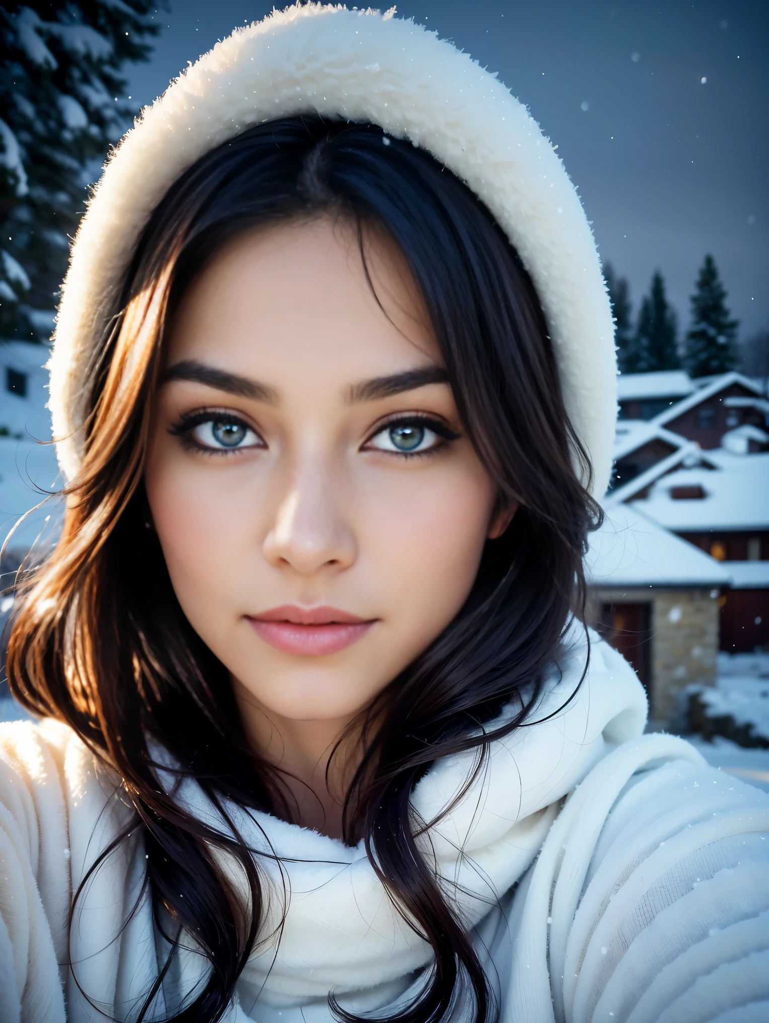 (Close up portrait:1.3), (from above:1.1). an ultra hot gorgeous Italian woman, age 23, she’s a playmate, men magazine model. (She has round little cheeks:1.3) Flirts with camera, subtle smile. (Brunette wavy hair. Green eyes:1.2) (she’s standing in a snowy village at night:1.4). Loose wool sweater.Perfect anatomy, perfect hair, perfect breast, perfect body, perfect hands, perfect face, UHD, retina, masterpiece, accurate, anatomically correct, textured skin. Winter starry night, northern lights