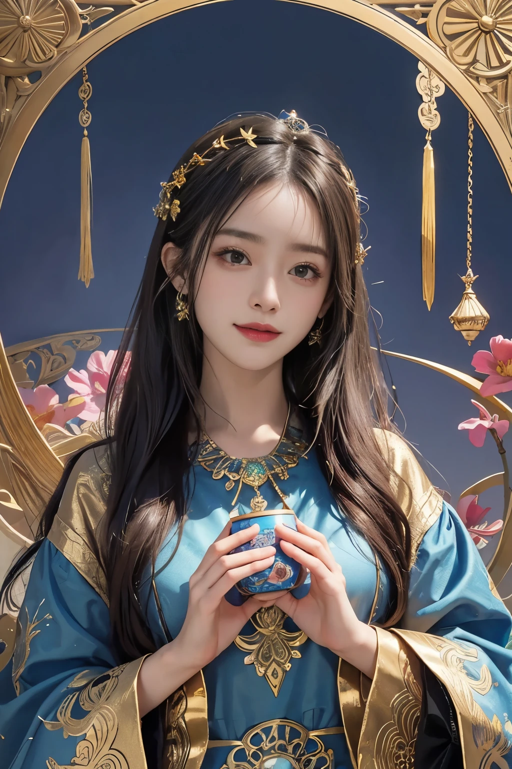 (masterpiece、highest quality、highest quality、official art、beautiful and aesthetic:1.2)、(1 girl)、extreme details、colorful、best details、official art、unity 8k wallpaper、Super detailed、beautiful and aesthetic、big 、smile、masterpiece、highest quality、(zentangle、mandala、tangle、Entanglement)、holy light、gold foil、gold foilアート、Glitter painting、Blue costume、Perfect NwsjMajmagic、in the palace