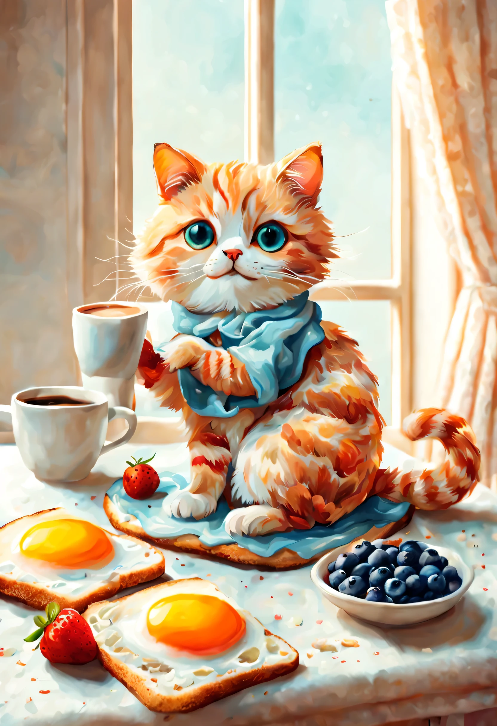 (masterpiece, top quality, best quality, official art, Beautiful and beautiful,Lovely illustration,:1.5), morango, blue berry, toast, coffee, for breakfast, Lovely, pastel colors, fluffy , Cat, happy, watercolor, soft, Warm