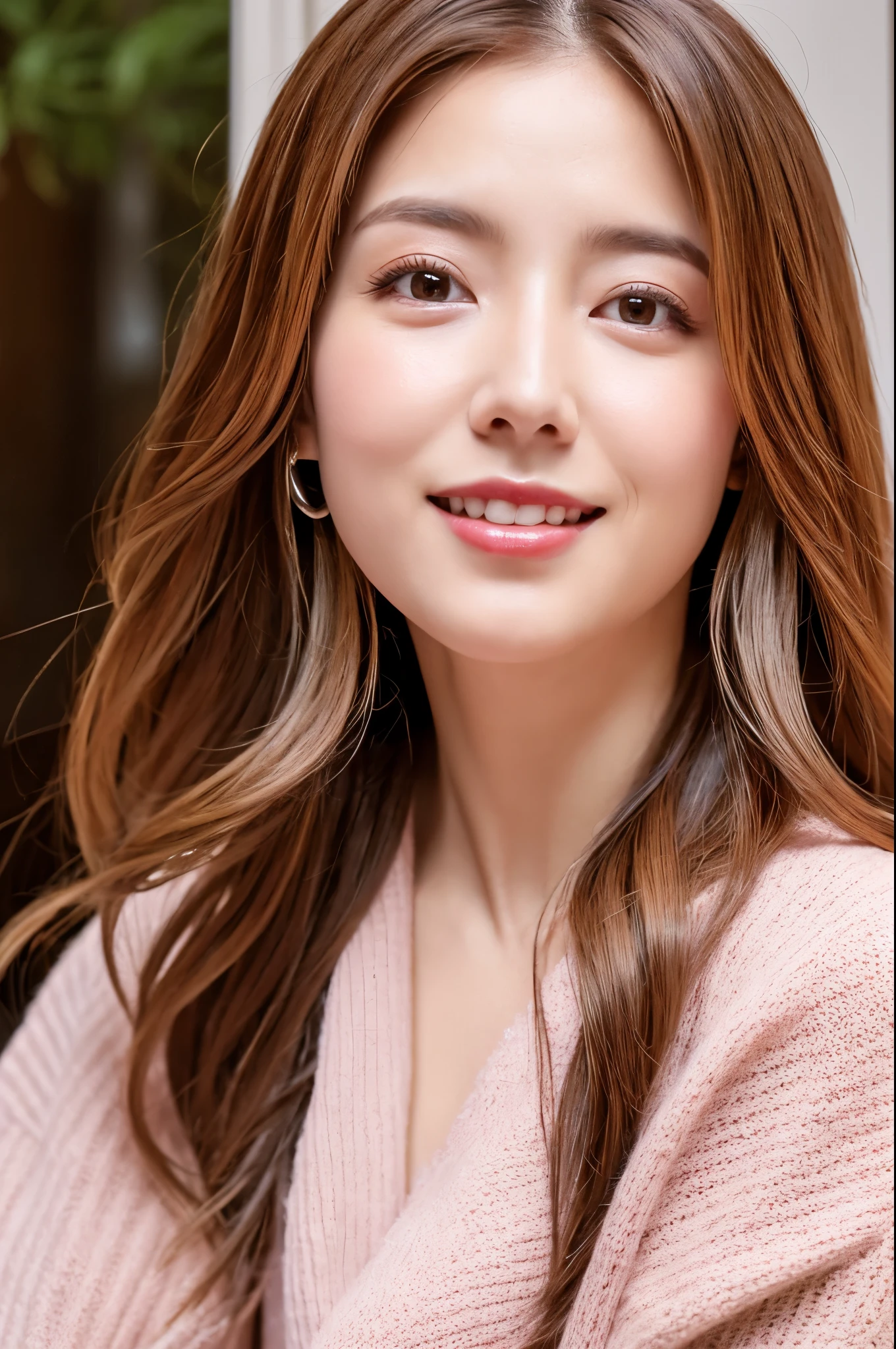 8K, top-quality, ​masterpiece, realisitic, Photorealsitic, ultra-detailliert, Natural sunlight, extremely detailed face and skin, A detailed eye, Highly detailed face-to-skin intermediate shots, Beautiful woman looking at camera, sexy pose, Beautiful face, Realistic face, Detailed face, Beautiful hairstyle, Realistic eyes, Detailed eyes, Realistic skin, Detailed skin, Beautiful skin, Attractive, A hyper-realistic, Sexy pink cardigan, Gentle, Brown hair, cute Japanese girls, Full body
