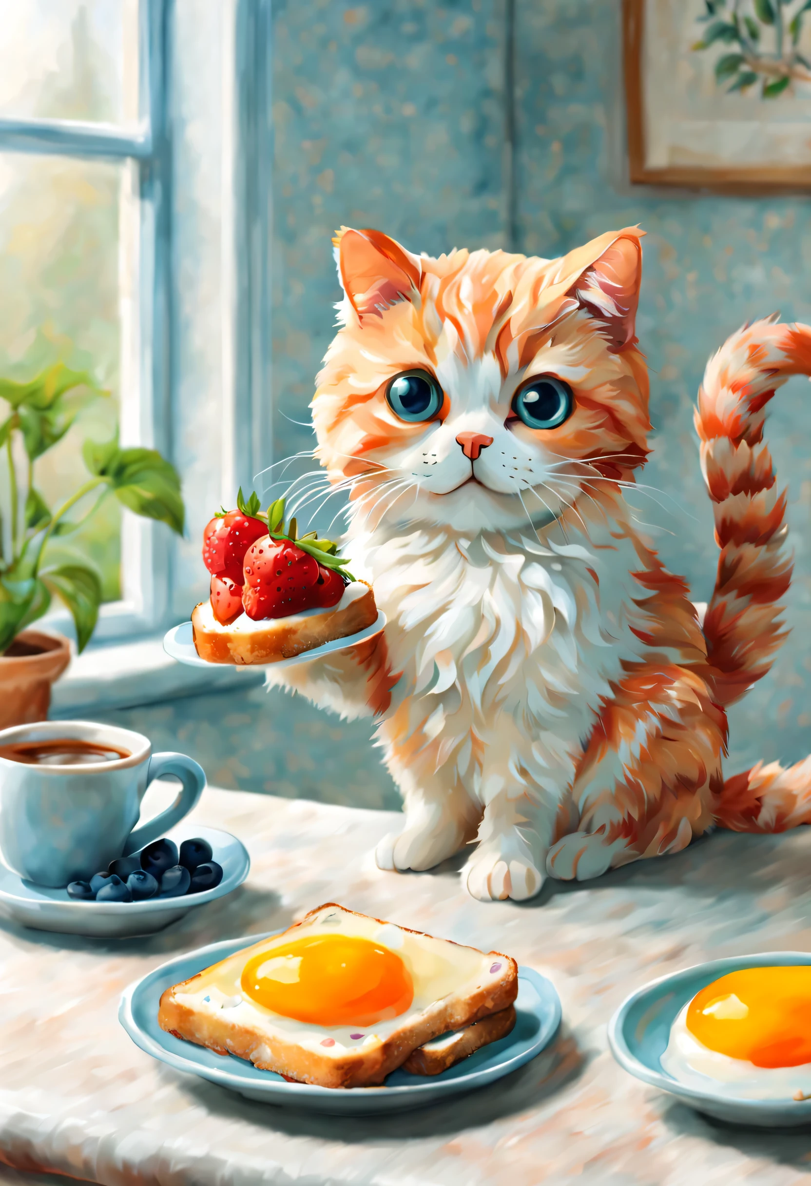 (masterpiece, top quality, best quality, official art, Beautiful and beautiful,Lovely illustration,:1.5), morango, blue berry, toast, coffee, for breakfast, Lovely, pastel colors, fluffy , Cat, happy, watercolor, soft, Warm