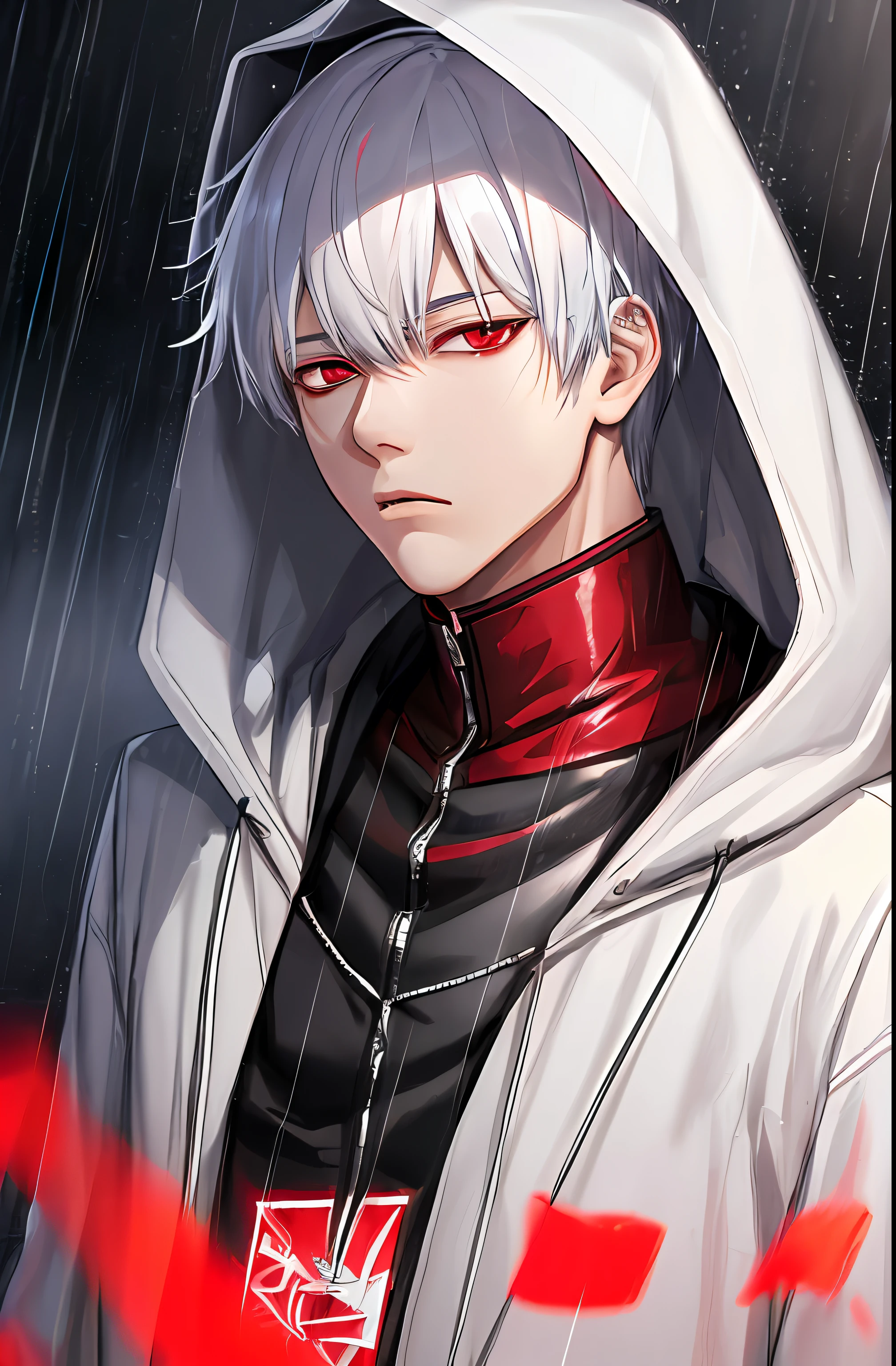 kk, best quality, more details, masterpiece, 1boy, kaneki ken, portrait, male focus, red eyes, solo, bangs, looking at viewer, hood, short hair, rain, tokyo tokyo \(city\), hood up, nail polish, white hair, luxurious, 8k, detailed, ray tracing, depth of field, cinematic lighting,