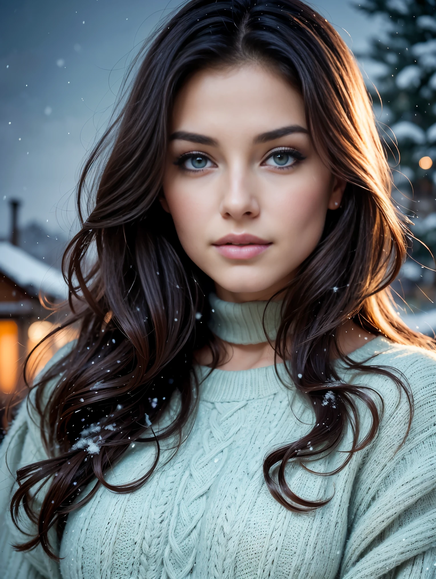 (Close up portrait:1.3), (from above:1.1). an ultra hot gorgeous Italian woman, age 28,she’s a playmate, men magazine model. (She has round little face and cheeks:1.3) Flirts with camera, subtle smile. (Brunette wavy hair. Green eyes:1.2) (she’s standing in a snowy village at night:1.4). Loose wool sweater.Perfect anatomy, perfect hair, perfect breast, perfect body, perfect hands, perfect face, UHD, retina, masterpiece, accurate, anatomically correct, textured skin. Winter starry night, northern lights
