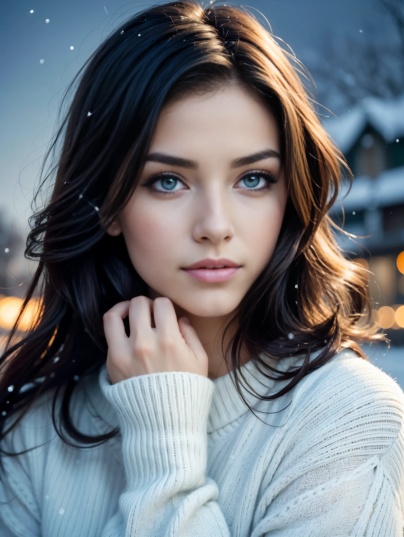 (Close up portrait:1.3), (from above:1.1). an ultra hot gorgeous Italian woman, age 28,she’s a playmate, men magazine model. (She has round little face and cheeks:1.3) Flirts with camera, subtle smile. (Brunette wavy hair. Green eyes:1.2) (she’s standing in a snowy village at night:1.4). Loose wool sweater.Perfect anatomy, perfect hair, perfect breast, perfect body, perfect hands, perfect face, UHD, retina, masterpiece, accurate, anatomically correct, textured skin. Winter starry night, northern lights