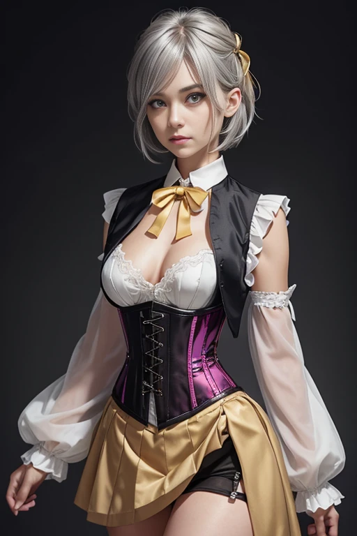 (nude, naked), Girls, gray-haired, short-haired, yellow-eyed, small breasts, cat hair ornament, sidelocks, gray-haired, shiny hair, uniform, (golden eyes: 1.2), (two long triangular extensions on the skirt, vest corset on the stomach), white buttons of the vest corset, (stripped shirt with short sleeves under the vest corset), (sleeves ends closer to the arms), (thick ribbon of black color on the neck), ( short magenta skirt),