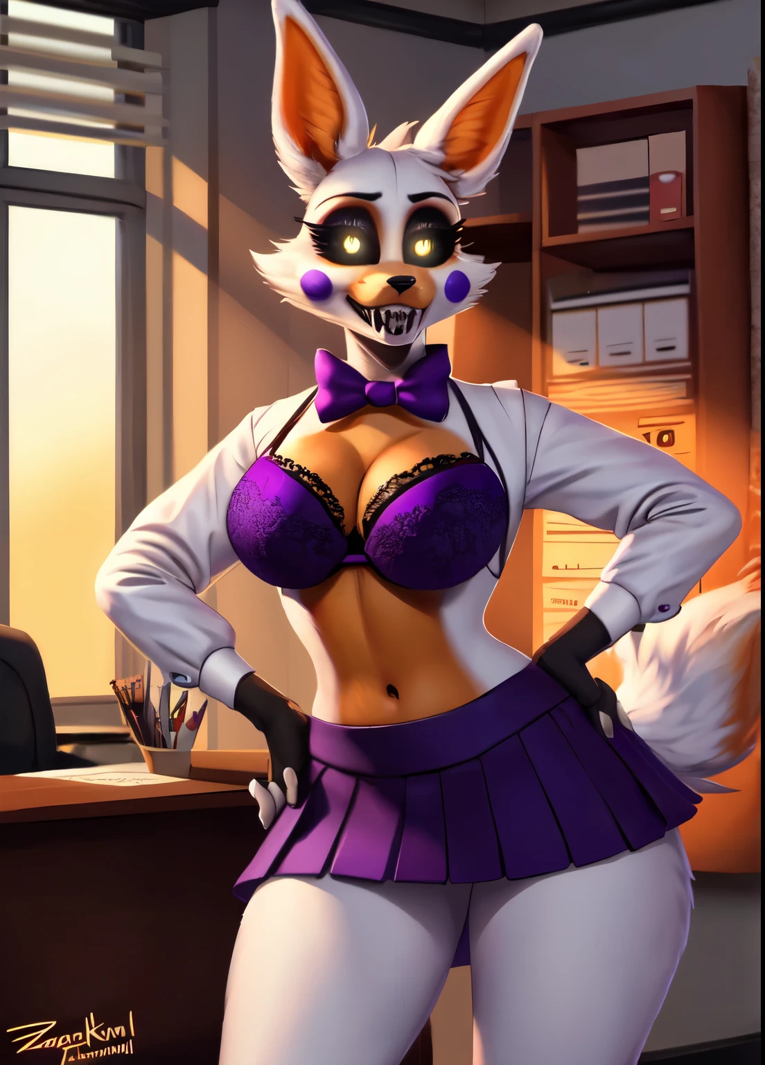 by personalami, by zackary911), lolbit, furry female, anthro, breasts, standing, hand on hip, portrait, solo, with classes, (best quality), (office background:1.2), dramatic lighting, (office scene:1.2), looking at viewer, (tail:1.1), Sharp teeth, glowing eyes, 5 fingers, violet bra, purple panties, wide hips, navel, fluffy tail, sexy pose, bright sun, strong colors, three tone fur, (white pupils, black sclera), office suit, skirt, black nose, teeth, (purple cheeks), Wolf nose, purple bow tie, classes on table