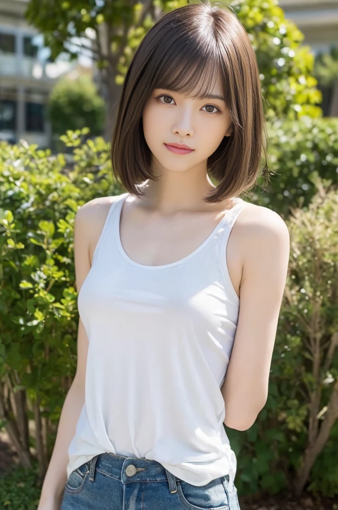 ((((masterpiece, highest quality, High resolution)))), Highly detailed 8K, beautiful girl with sensual body, (Ultra HD, super detailed, very detailed, very realistic, surreal, realistic pictures), (1 girl:1.5), (realistic white hair), short wavy hair, bob cut, (dynamic pose), towards the camera, light smile, purple eyes, average chest, (beautiful detailed face, beautiful and fine eyes), (white tank top, thin material), cleavage, dark jean shorts, shine, Sweat, (sunbeam, sunlight)