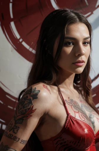 A portrait of a scarlet in a bodyguard outfit], in the style of airbrush art, classic tattoo motifs, [dark silver and light red], flowing lines, large scale murals, white background