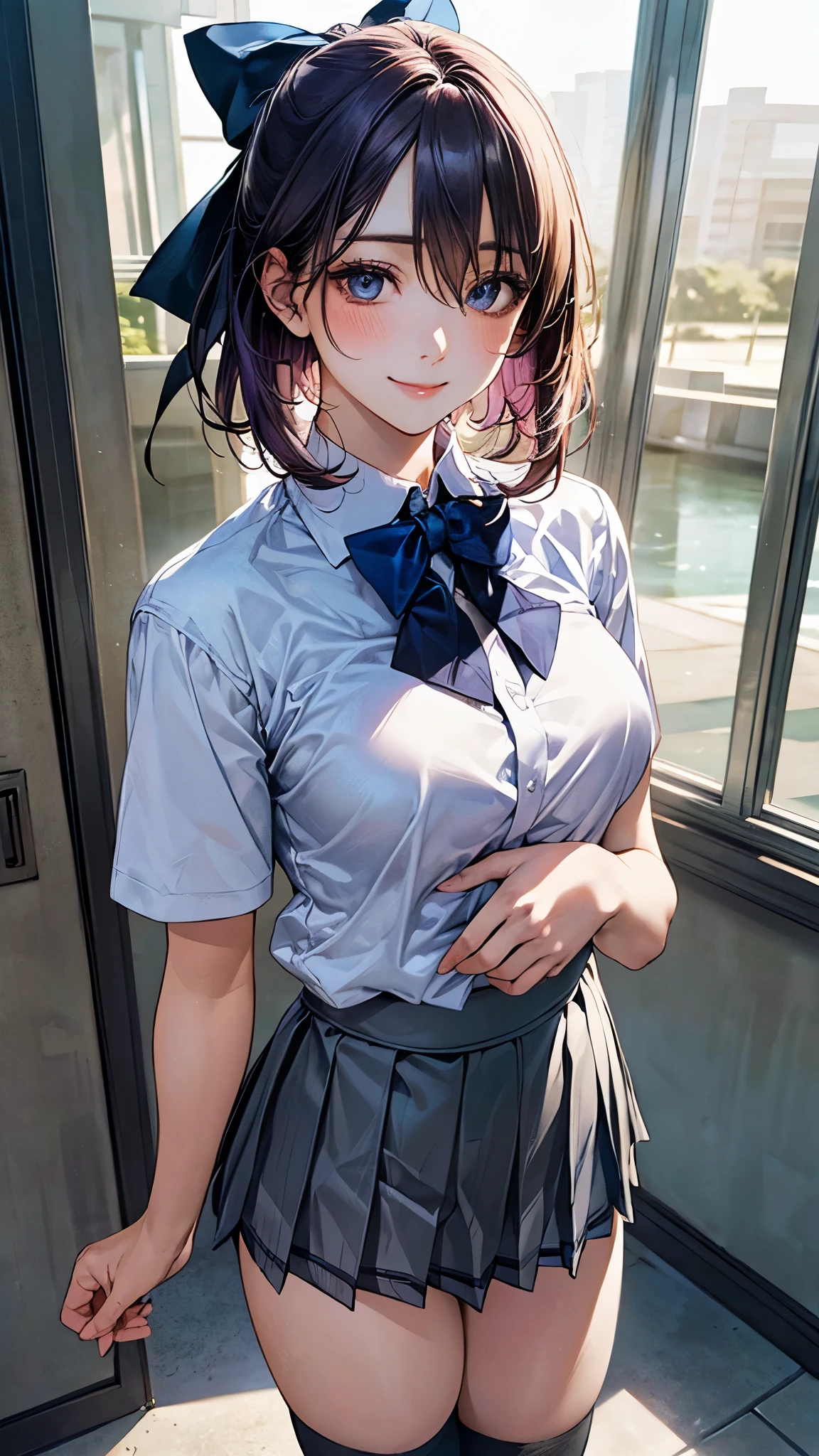 modelshoot style, (masterpiece:1.3), (absurdres:1.3), (best quality:1.3), (8K), (large masterpiece digital art), (detailed manga illustration), (handled hair), perfect anatomy, (intricate details:1.3), (ultra-detailed:1.3), (illustration:1.3), (sharp focus:1.3), (vivid colors:1.3), 1girl, solo, azki, idol, (short hair:1), hair between eyes, multicolored hair, (two-tone hair, pink hair, black hair), purple eyes, floating hair, leaning back, (sweat, sweatdrops), (wet, wet clothes, wet hair, glossy), (shy, embarassed, blush), cheerleader, crop top, skirt, miniskirt, indoors, (classroom, school desk, school chair, window)