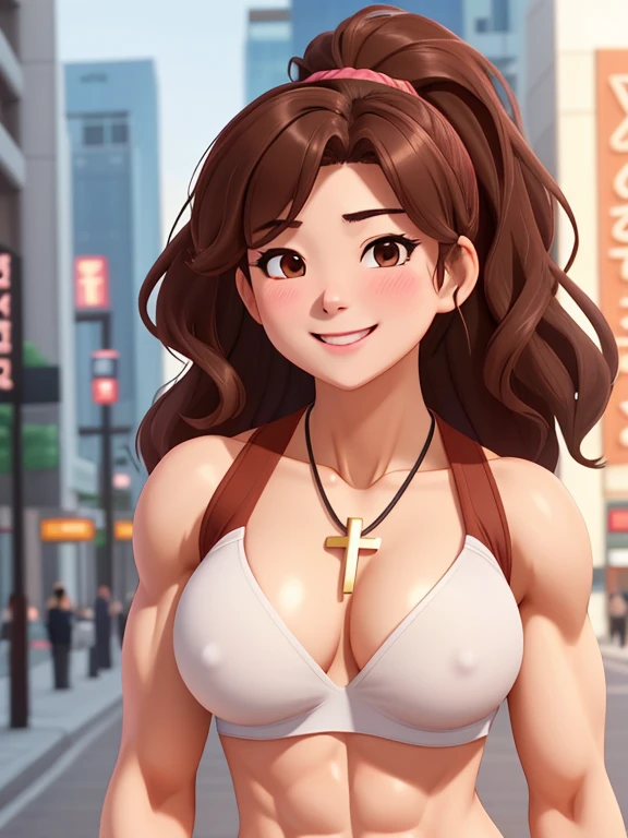 attractive korean woman, ripped muscle, muscular body, small breast, pale skin, smile(blush), breastplate, cross necklace, sixpack abs, [ultra detailed skin:1.2], brown hair, wavy hair, 8k uhd, pussy, full body, crowd, public, hotel, standing,