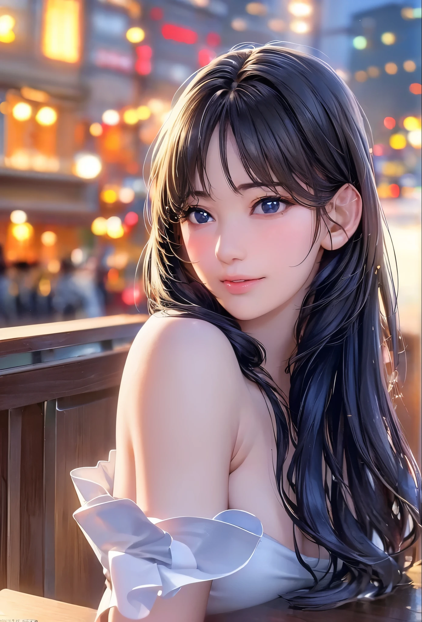 (8K, Best Quality, masutepiece:1.2), (Realistic, Photorealsitic:1.37), Ultra-detailed, 1 girl,Cute, Solo,Midnight,Beautiful detailed sky,Detailed Cafe,Sitting,Dating,(nose blush),(Smile:1.15),(Closed mouth) Small breasts,Beautiful detailed eyes,Floating Hair NovaFrogStyle,Pink dress