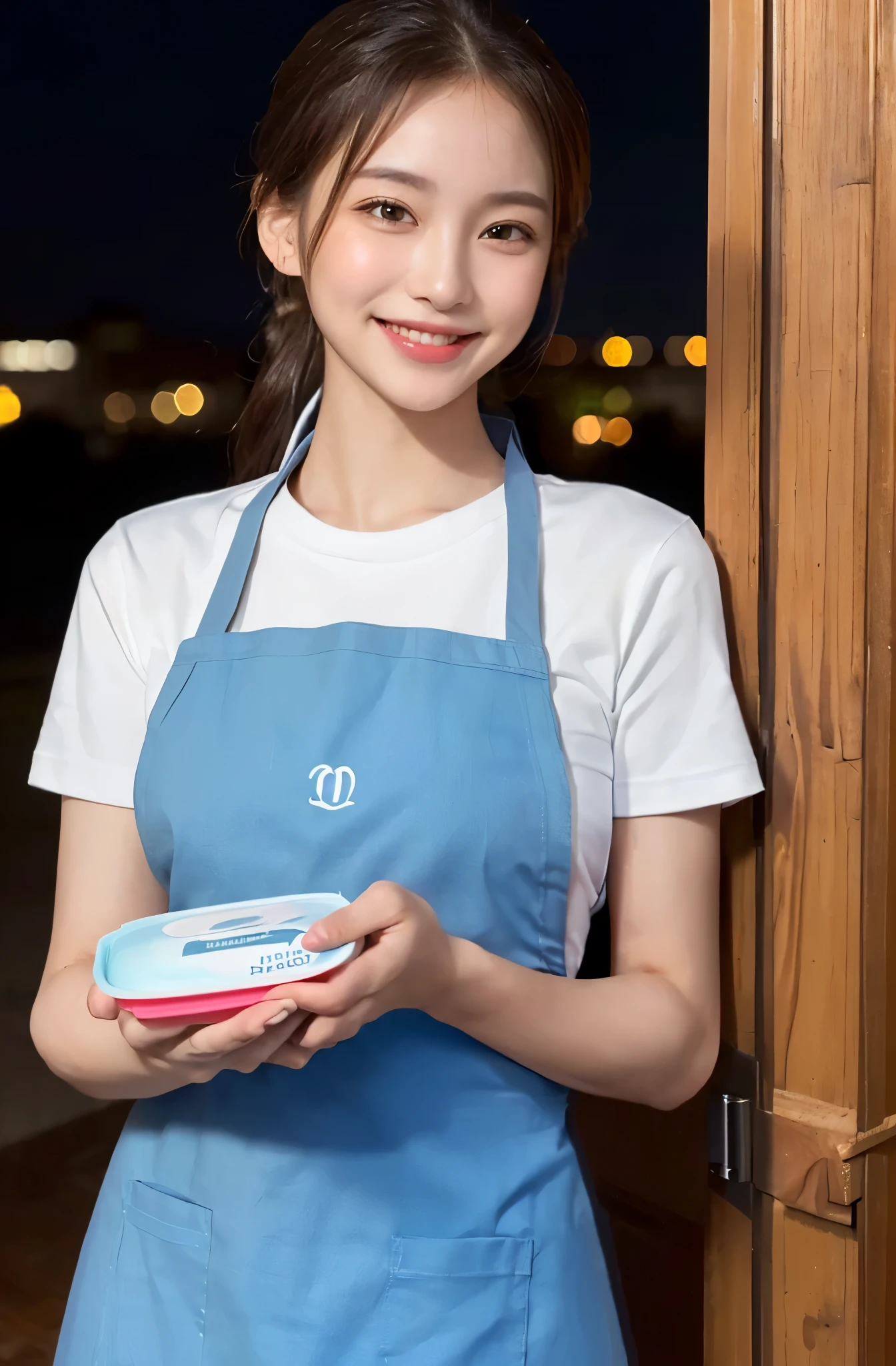 (masterpiece:1.5)、(highest quality:1.5)、(8K:1.3)、(RAW photo:1.3)、(realistic:1.3)、(Super detailed:1.3)、(ultra high resolution:1.3)、(Detailed and bright beautiful skin:1.2)、(Very delicate and natural double eyes:1.2)、(outdoor at night:1.3)、(Outside the front door:1.2)、(He is holding a Tupperware filled with food with both hands and holding it out.:1.6)、(the most beautiful woman:1.2)、20-year-old、(long black high ponytail:1.2)、natural color lip、medium beautiful breasts、slender body shape、(White heavyweight short sleeve crew neck T-shirt:1.3)、(light blue apron:1.4)、shy smile、(blushing face:1.3)、(upward glance:1.2)、(Image seen from above:1.2)、facing the front