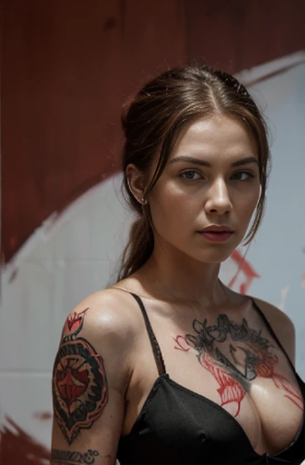 A portrait of a scarlet in a bodyguard outfit], in the style of airbrush art, classic tattoo motifs, [dark silver and light red], flowing lines, large scale murals, white background