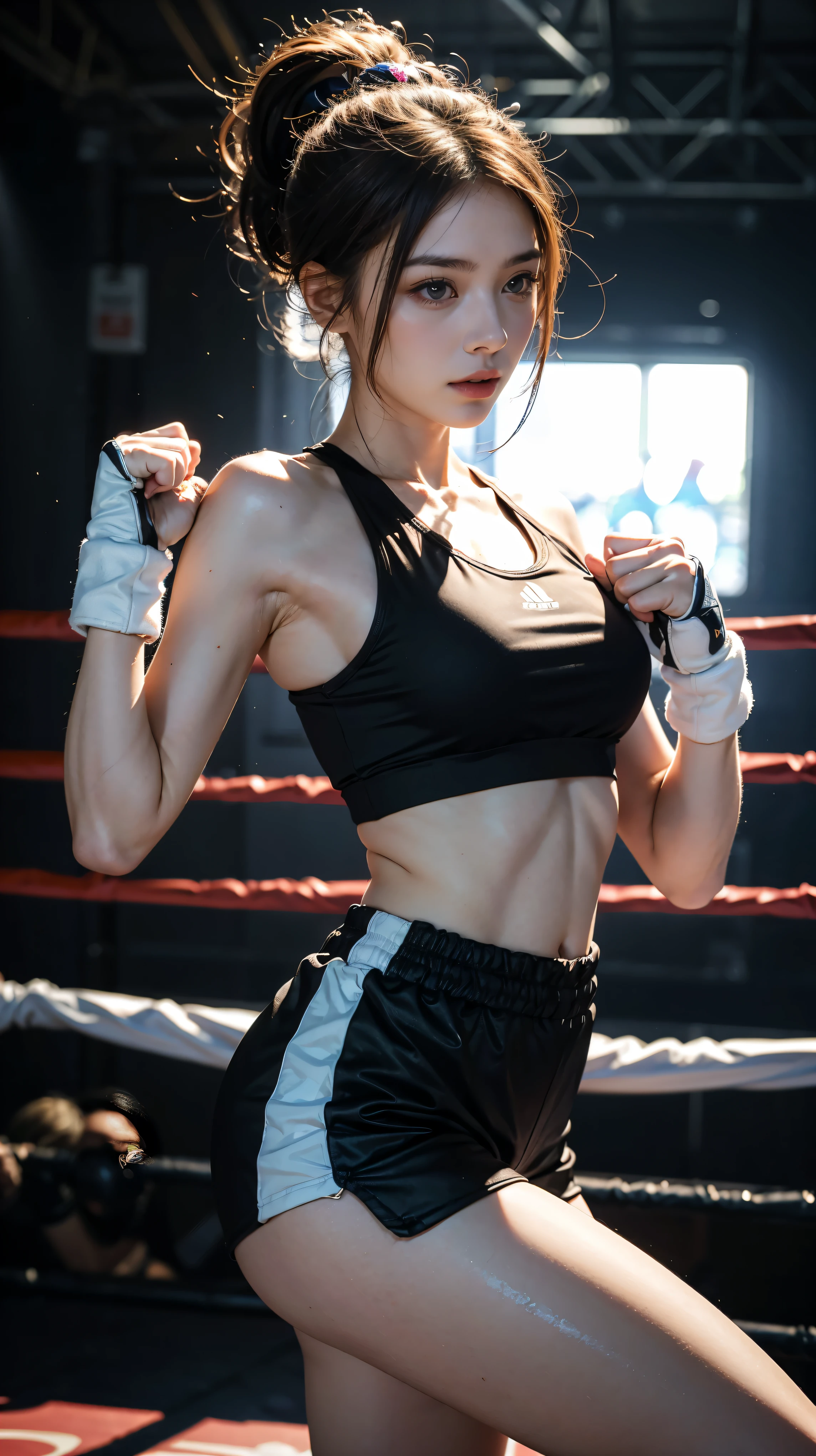 8k, highest quality, masterpiece, Realistic, real person, unity 8k wallpaper, (1 girl) , beautiful eyes, (delicate face) , perfect details, (best lighting) , (super intricate details) , (Boxing Girl) , (sexy), Sweat, heavy breathing, (oppressive attack) , (boxing ring), Athletic Shorts, perfect details, perfect fingers, perfect limbs, impact, (shiny skin), abs, muscle, big breasts, waistline,boxing shorts, fist fight, black hair, high ponytail, very long hair, 4K unification、(Super detailed CG:1.2)、(8K:1.2)、real、octane rendering、(((Martial arts competitions at the Colosseum in Greece)))、Strong sunlight、The audience seats are very full.