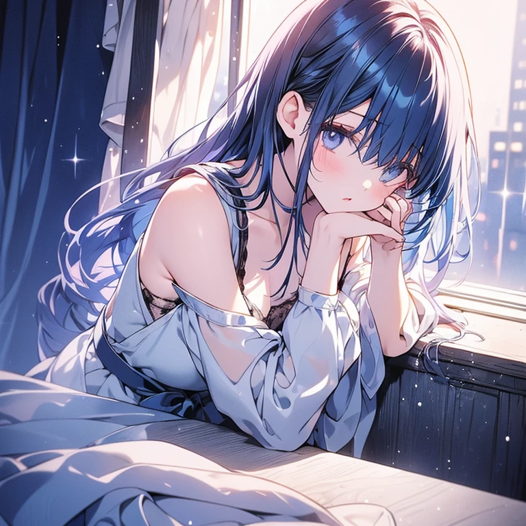 Anime girl, blue hair, dark blue downturned eyes, long blue hair down, pale skin, wearing dark blue sparkly nightgown with a navy blue bra underneath sitting on a table looking outside the window on a rainy night while sitting on a table. Face resting on cheek. Plump pink lips. No interwined fingers. Two arms only. 